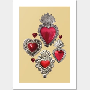 Mexican milagrito vibrant red heart silver folk art elegant pattern maximalist decoration Posters and Art